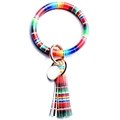 Detail of colorful striped leather ring keychain with gold metal clasp and long tassel - Rainbow