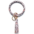Pink leopard print leather bangle keychain with tassel pendant and golden metal rings - Pink Leopard