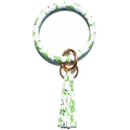 Detail of O-ring keychain with green cactus pattern, gold clasp and leather tassel - Green Cactus