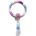 Detail of colorful feather print leather bracelet with golden ring and tassel charm - Beach Tree Print