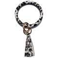 Detail of leopard print wristlet keychain with golden metal ring and tassel charm - Black Leopard