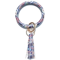 Paisley floral leather wristband keychain with tassel and golden metal rings - Boho