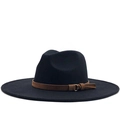 Classic black wide-brim wool fedora hat with brown suede band and golden metal buckle - M / Solid Black
