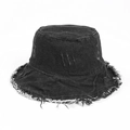 Close-up of frayed edges and distressed details on black washed denim bucket hat - One Size / Black