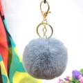 Detailed view of grey plush faux rabbit fur pom pom keychain with gold metal spring clasp - Gray