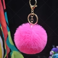 Pink faux rabbit fur pom pom keychain with gold clasp for handbag and car key accessories - Watermelon red