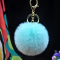 Detailed view of an 8cm turquoise faux rabbit fur keychain with a premium gold metal clasp - Aqua Blue