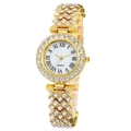 Luxury gold women's quartz watch with sparkling crystal encrusted bezel and white Roman dial - Gold