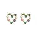 Orecchini a cuore dorati con pietre verdi, rosa, viola e perle bianche eleganti - Cuore