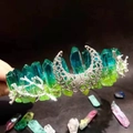 Teal and green gradient crystal tiara with silver moon and branch metal design - Yellow & Green