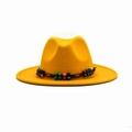 Bright yellow wide brim wool fedora hat with colorful ethnic beaded decorative band - M (56-58cm) / Yellow