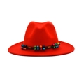 Detail of red wool fedora hat featuring a colorful ethnic beaded band and wide brim - M (56-58cm) / Rose Red