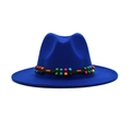 Close-up of royal blue wool fedora featuring a colorful ethnic beaded decorative band - M (56-58cm) / Blue