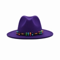 Detail of purple wool felt jazz hat featuring a colorful woven wooden bead band decoration - M (56-58cm) / Purple