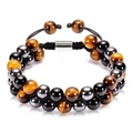 Detail of double-layer braided tiger eye and obsidian beads with adjustable cord - Double-Layer Braided Style (Yellow Tiger Eye/Obsidian/Hematite)