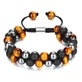 Detalle de la pulsera trenzada ajustable de doble capa con ojo de tigre y piedra lava - Ojo de Tigre Piedra de Lava Y Hematita