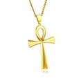 Detailed view of a polished gold Ankh cross pendant with reflective metal finish - Gold Ankh Cross + 60cm Chain