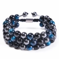 Drelagiges Armband aus blauem Tigerauge und Obsidian mit verstellbarem Webband - Himmelblauer Tigerauge + Hämatit + Schwarze Perlen (8mm)