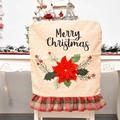 Linen Christmas chair cover with Merry Christmas print and red poinsettia flower decoration - Christmas Flower Style Chair Cover