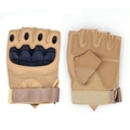Khaki tactical half-finger gloves with black hard knuckles and breathable palm grip - M / Soft Shell Leather Sand