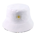 Detailed view of daisy embroidery and stitching on white canvas bucket hat - 58cm / White