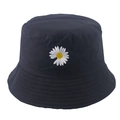 Detailed view of daisy flower embroidery on a black cotton bucket hat with white petals - 58cm / Black