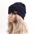 Dark blue thick knit beanie with colorful flecks and a brown C.C brand leather patch - Navy Blue