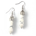 Elegant natural white turquoise hexagonal prism drop earrings with silver ornate caps - Howlite