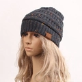 Chunky knit beanie hat in dark grey confetti yarn with a brown leather C.C logo patch - Dark Gray