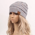 Grey knit beanie with colorful speckled design and brown leather logo tag - Light Gray