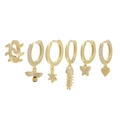Gold plated hoop earrings set with zircon bee, heart, and star charms for women - 6-Piece Set / Gold