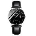 Slim men's quartz watch with black leather strap and date display on a large dial - Black Leather Band Silver Case Black Dial