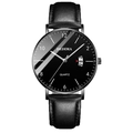 Minimalist ultra-thin men's quartz watch with black leather strap and date display - Black Leather Strap Black Case Black Dial