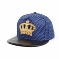 Detail of golden rhinestone crown on blue mesh hip hop cap with black leather brim - Royal Blue