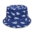 Detail of navy blue bucket hat featuring white shark print and multi-row brim stitching - 3# Deep Blue Shark