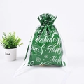 Green Christmas foil drawstring gift bag with Happy Holidays print and white ribbons - 24*32cm / Green Text