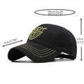 Detail view of cotton baseball cap with military embroidery and specific size measurements - Black