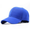 Close-up of royal blue cotton twill baseball cap showing fine fabric texture and stitching - Blue