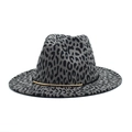 Detail view of leopard print fedora hat with gold metal trim accessory on side - M(56-58cm) / Gray
