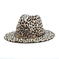 Leopard print fedora hat with flat brim and gold band detail on a white background - M(56-58cm) / White