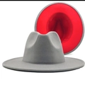 Gray and red two-tone wool fedora hat with wide brim for autumn fashion styling - Outer Grey Inner Red Two-Tone
