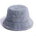 Close-up of the plush grey faux fur texture and soft fiber detail on the winter bucket hat - Adult size 56-58cm / Gray