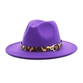 Classic dark purple wide brim wool fedora hat with leopard print band and silver buckle - M(56-58cm) / Purple