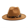Close-up of caramel wool fedora hat featuring a leopard print band and metal buckle detail - M(56-58cm) / Khaki