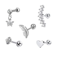 5-piece silver stainless steel stud earring set with butterfly feather and heart shapes - Set 19 (Silver/Butterfly Pendant/Feather/Zircon)