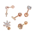 5-piece rose gold stainless steel stud earrings set featuring cross and flower designs - Set 23 (Rose Gold/Cross/Snowflake/Rose)