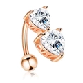 Detail of rose gold belly button ring featuring two heart-shaped clear zircons - Rose Gold Double Heart Zircon