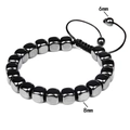 Macro detail of 8mm hematite stone beads with adjustable woven cord and 6mm accents - 8x8mm Rounded Square