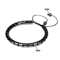 Detail view of 6mm hematite beads on a black woven adjustable bracelet with metallic finish - 6x6mm Straight Tube