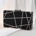 Elegant black glitter evening clutch bag with a silver geometric hollow metal frame - Black
